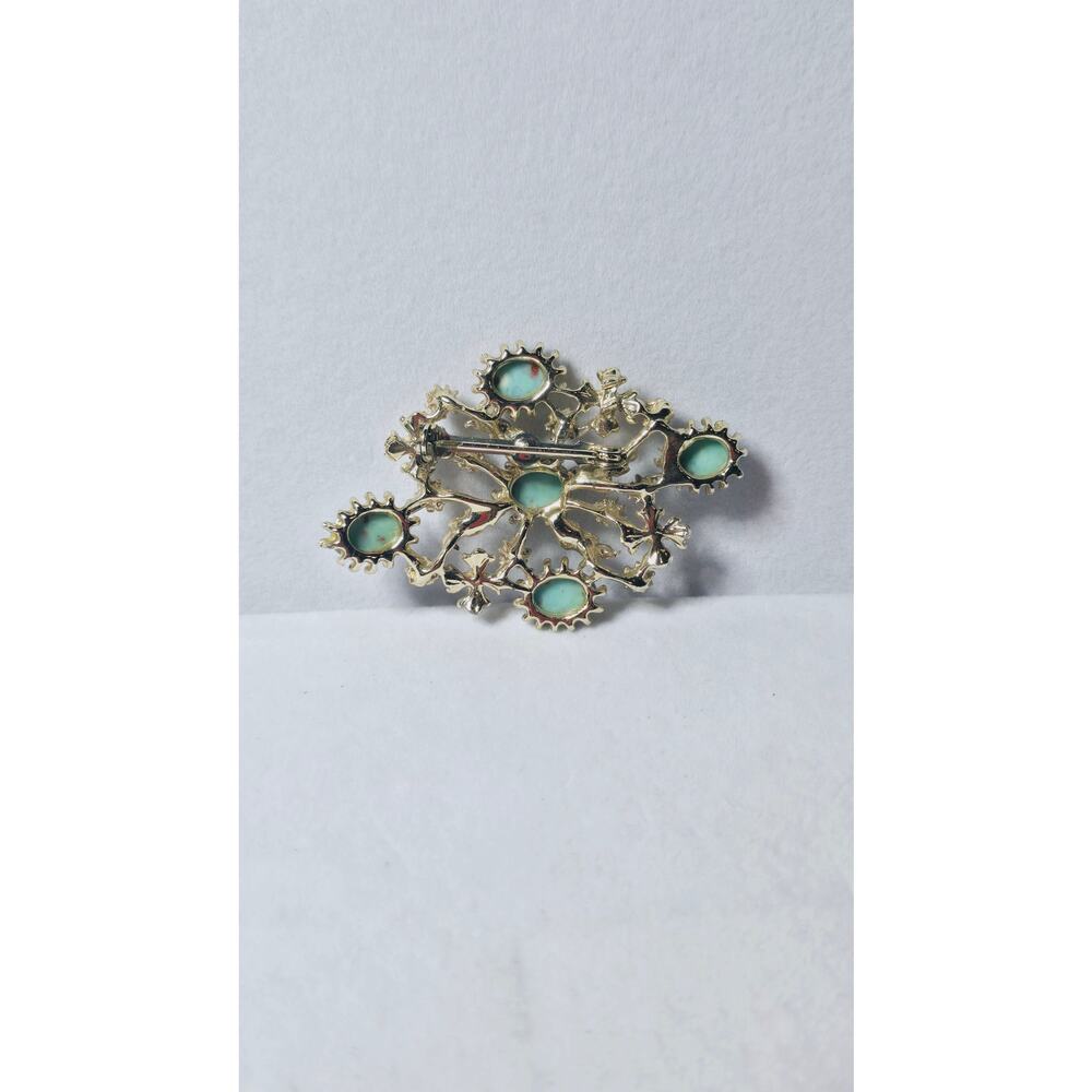 Turquoise Cabochon Floral Cluster Gold Brooch Blue Rhinestone Classic Elegance - Picture 4 of 6